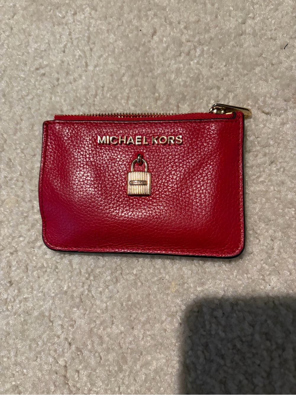 Michael Kors Red Pebbled Leather Mini Zip Card Wallet with Padlock Charm